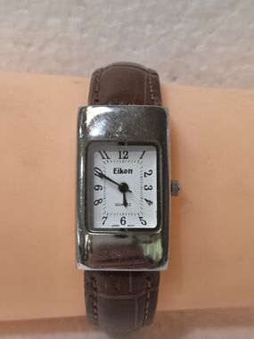 Eikon Rectangular Silver Case Watch with Brown Leather Strap